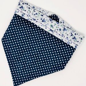 Dog Bandana Navy/White Floral & Polka Dot Print, Reversible, Snap Button Closure